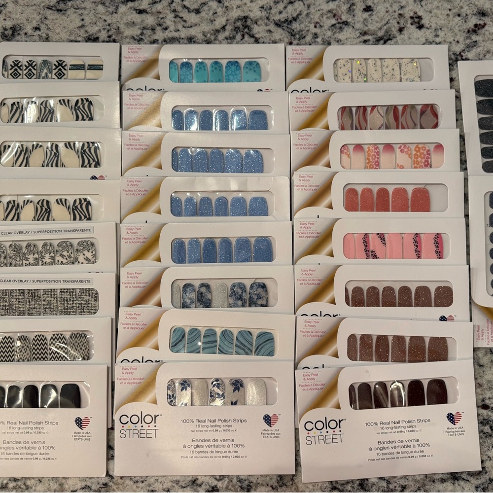 Color Street Nail Strips in Blue, Pink, and Brown